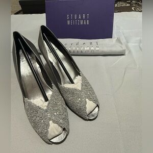 Stuart Weitzman Metallic Silver Lace Peep-Toe Heels